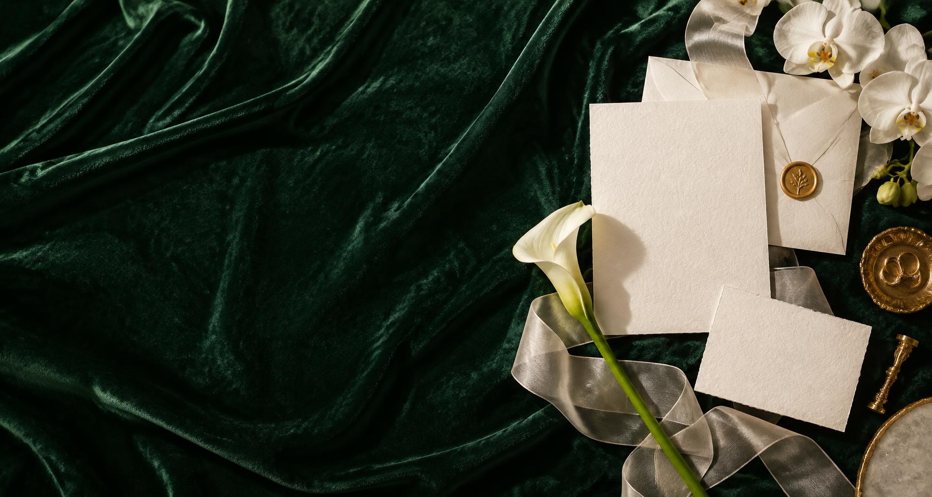 Ivory wedding stationery, a gold wax seal and orchids on emerald velvet